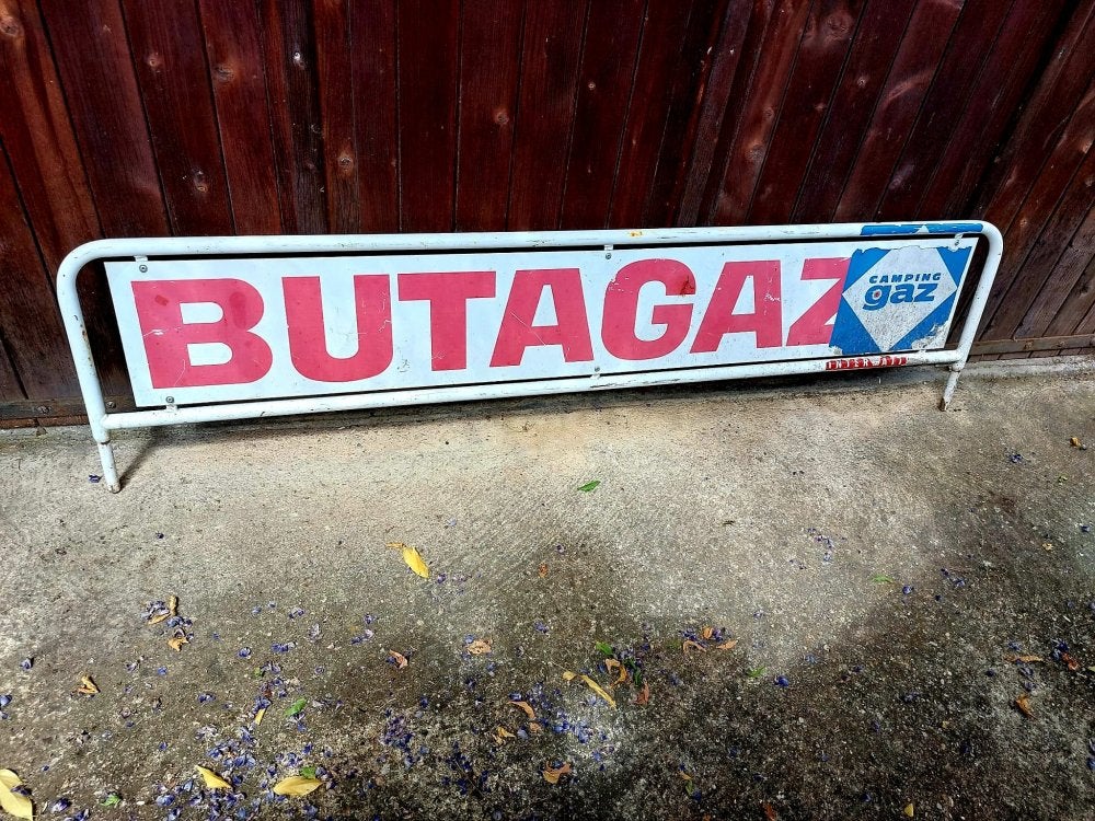 Groot stoer reclamebord BUTAGAZ camping gaz., Ophalen, Reclamebord, Gebruikt, .