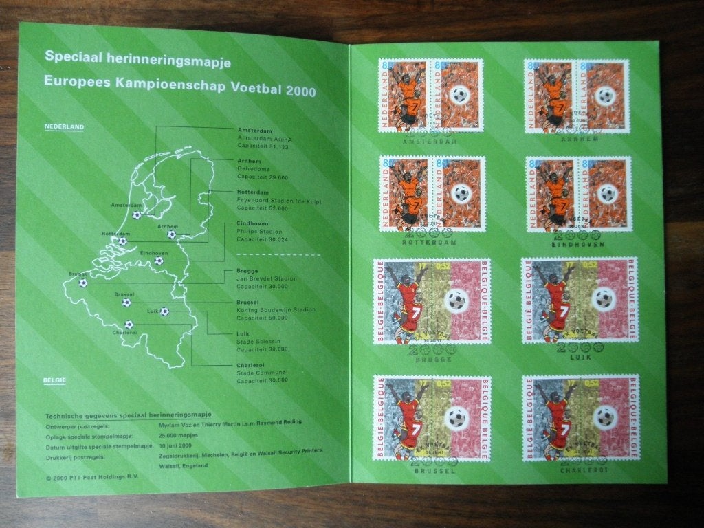 Postzegels voetbal EK 2000 in Nederland en België., Postzegels en Munten, Ophalen of Verzenden, Na 1940, Gestempeld