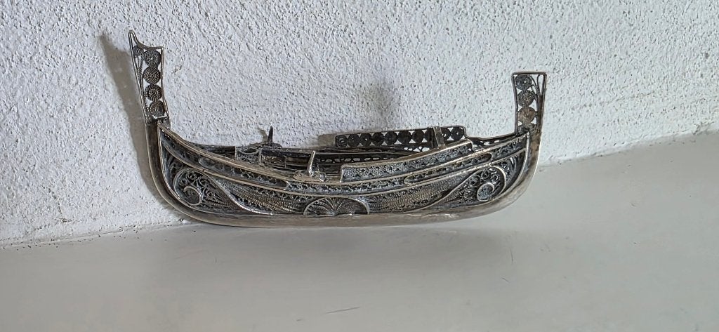 Miniatuur Filigrain Scheepje uit Malta prijs €85,-, Antiek en Kunst, Ophalen of Verzenden, Zilver