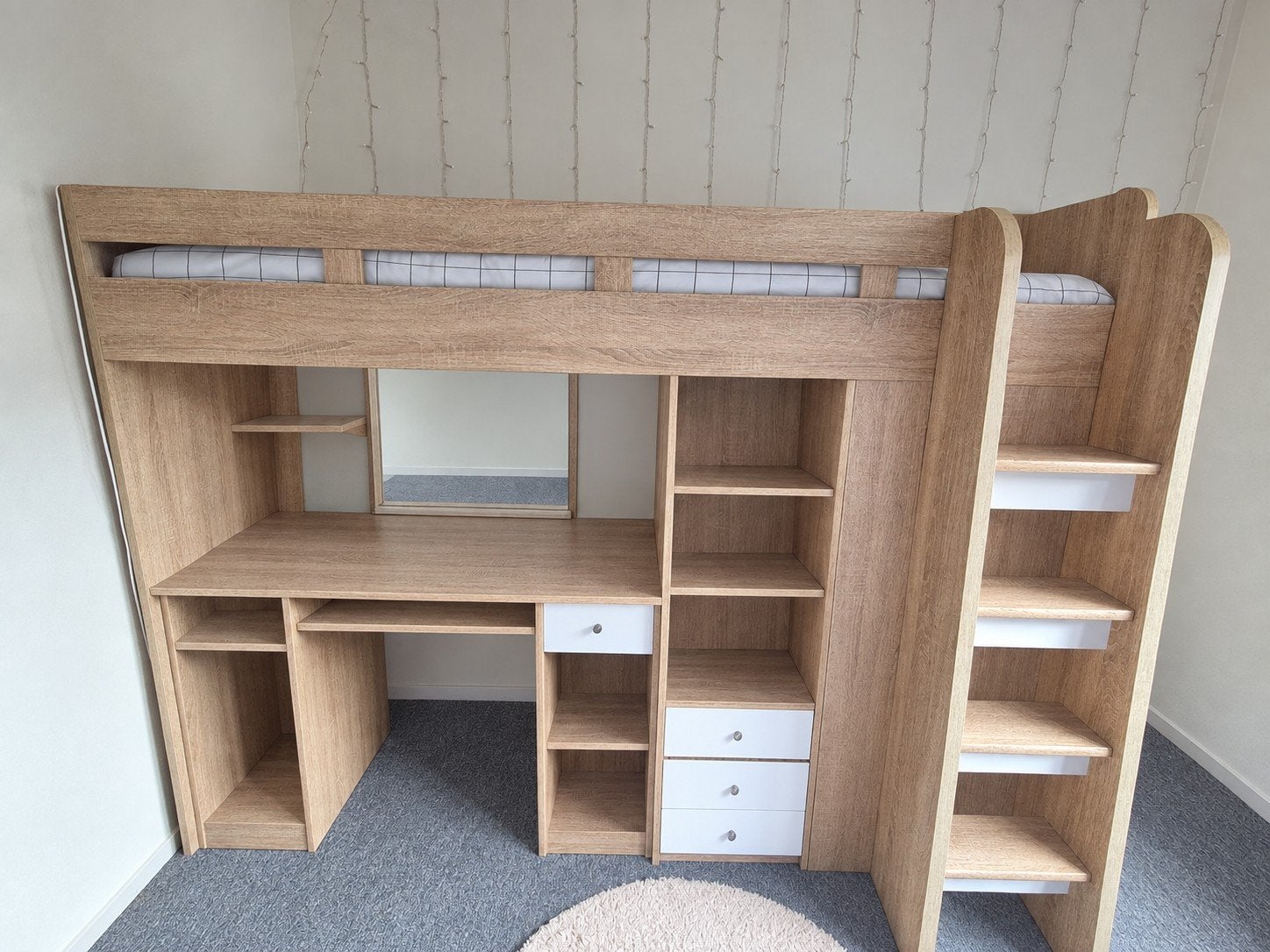 Hoogslaper met bureau en kast, Ophalen, Eenpersoons, 90 cm, Hoogslaper