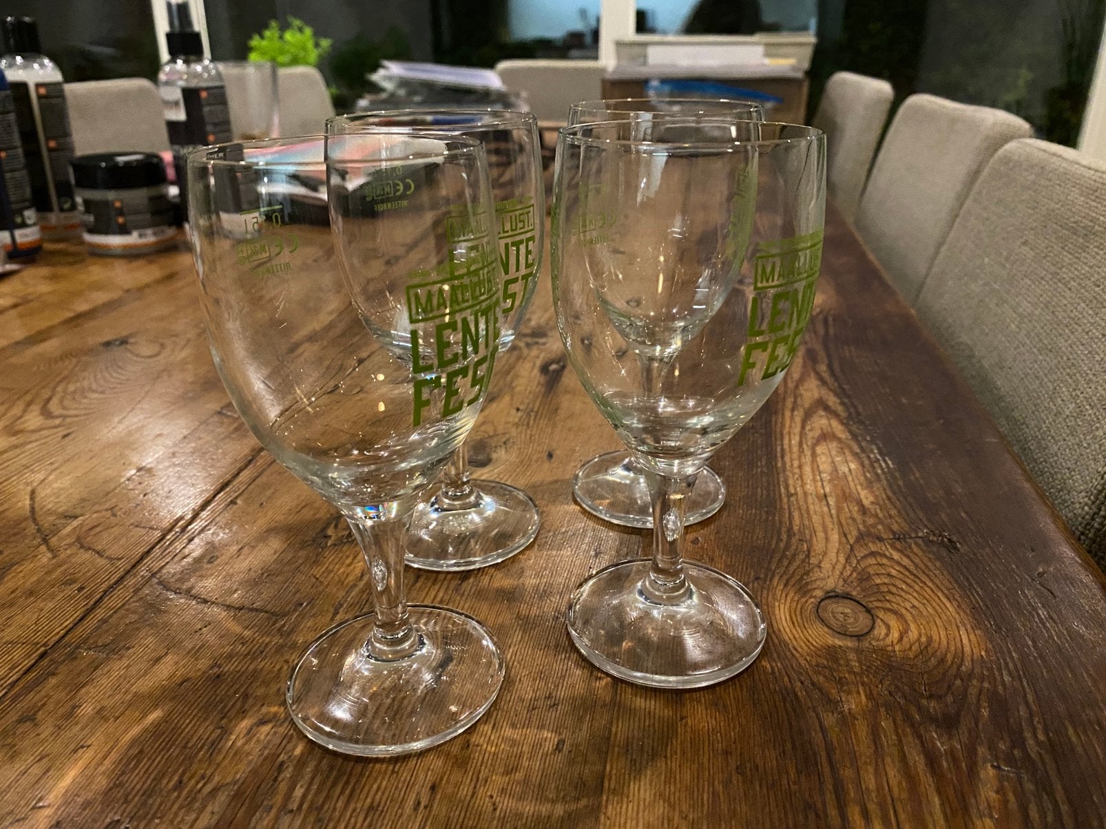 4 Maallust lentefest proefglaasjes - zie omschrijving, Ophalen, Zo goed als nieuw, Glas of Glazen, Overige merken