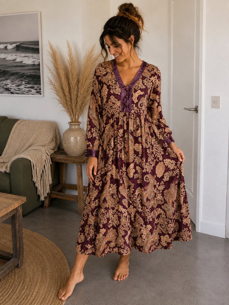 Vintage ISHWAR maxi jurk 80s paisley fluweel boho – rayon, Maat 38/40 (M), Paars, Ophalen of Verzenden, Zo goed als nieuw