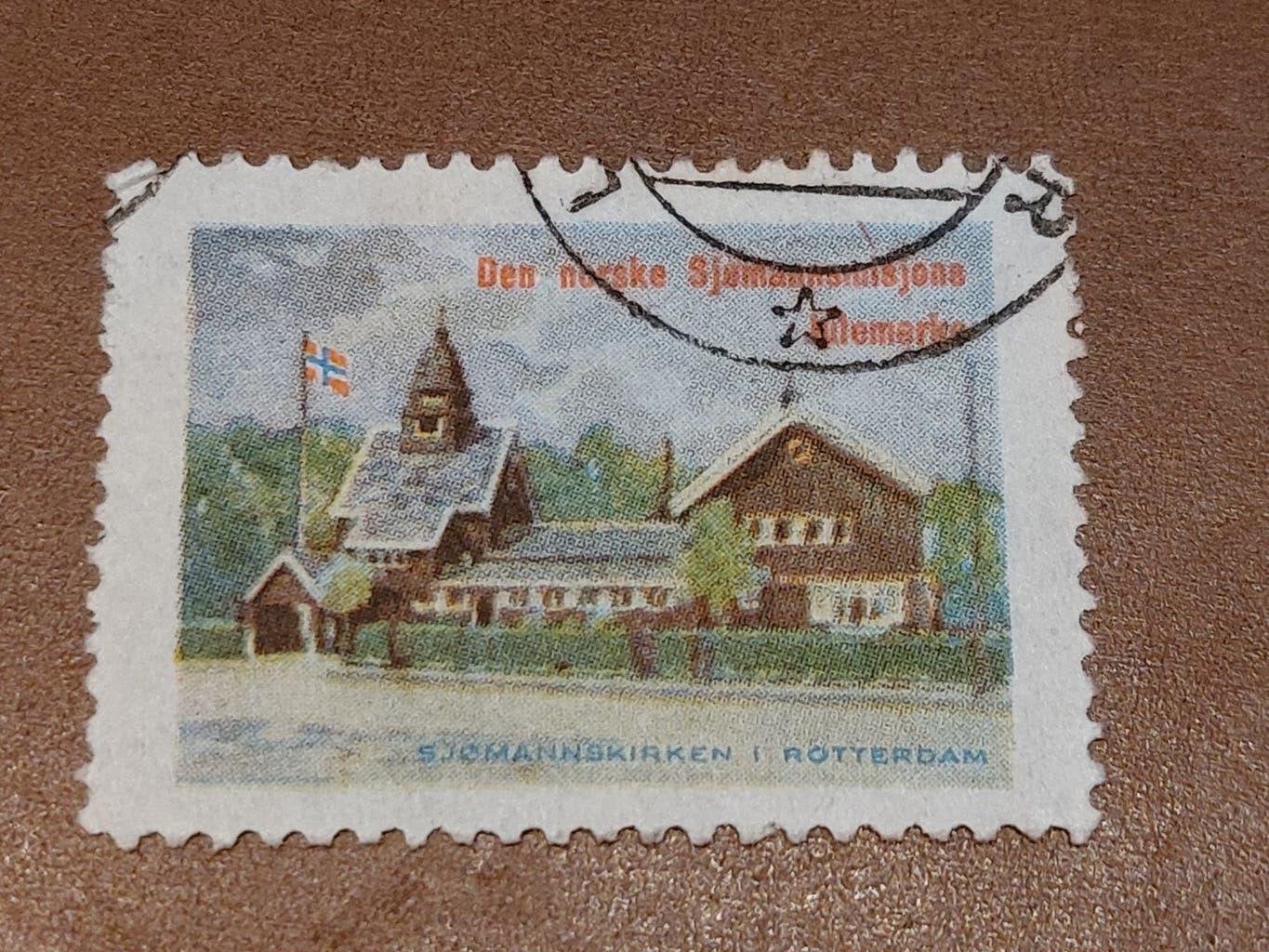 Noorwegen sluitzegel Jul zeemansmissie 1947 kerk Rotterdam, Ophalen of Verzenden, Noorwegen, Gestempeld