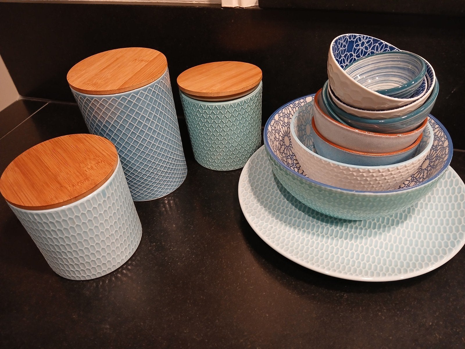 Mindgroen/blauw serviesgoed 13 delig., Ophalen of Verzenden, Overige stijlen, Aardewerk, Schaal of Schalen