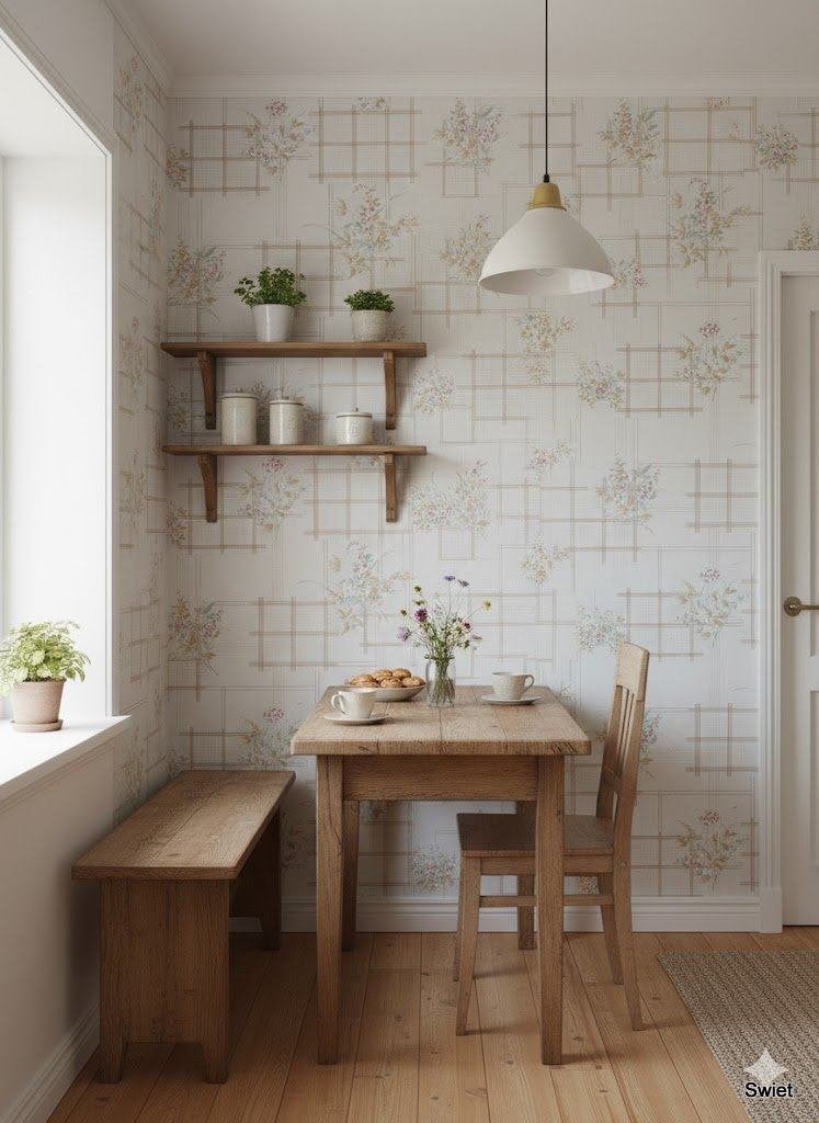 13218 vintage keuken behang met bloemen en ruit swiet, Ophalen of Verzenden, Groen