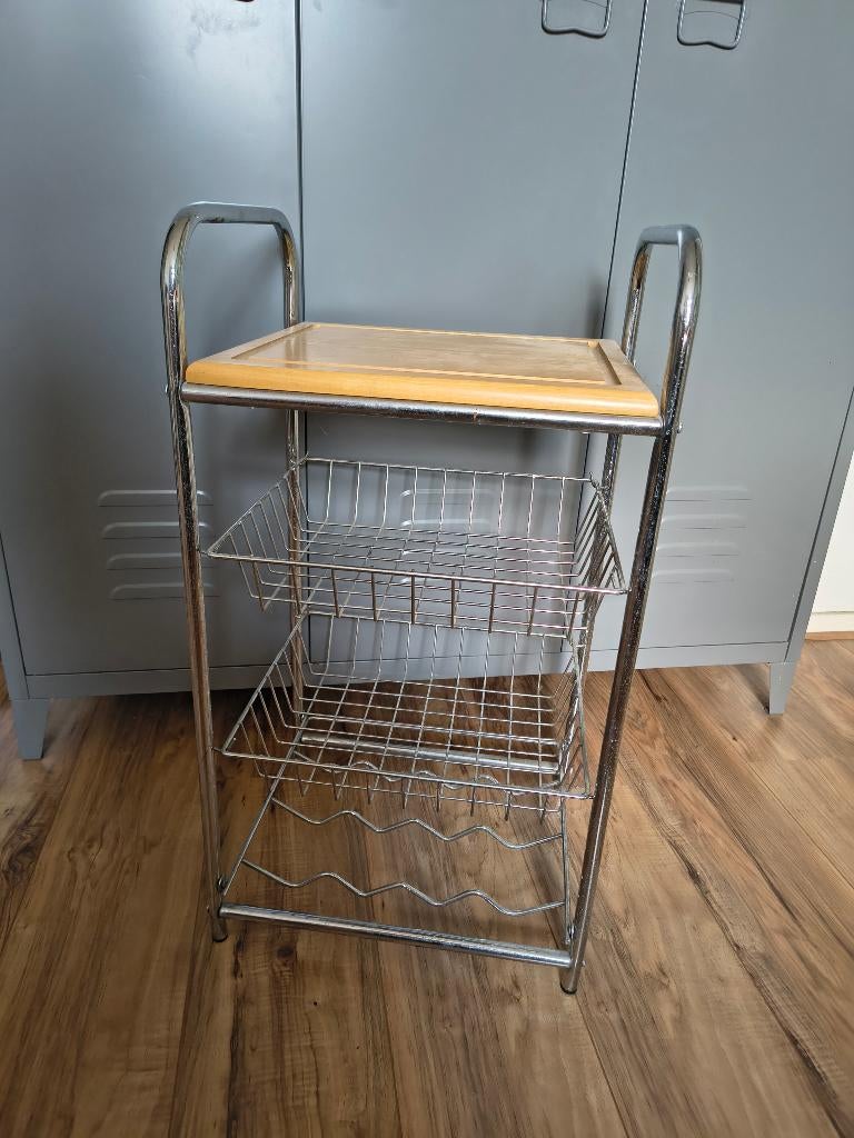 Mooie metalen keuken trolley met houten blad! Wijnrek, rek., Onb, Ophalen of Verzenden, Onb, Onb