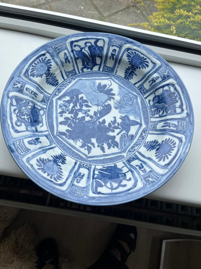 Blauw wit porseleinen wandbord met vogeldecor en bloemen, Ophalen of Verzenden