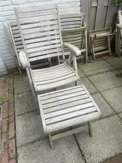 Teakhouten tuinstoelen, mooi vergrijsd., Ophalen of Verzenden, Gebruikt, Hout, Verstelbaar