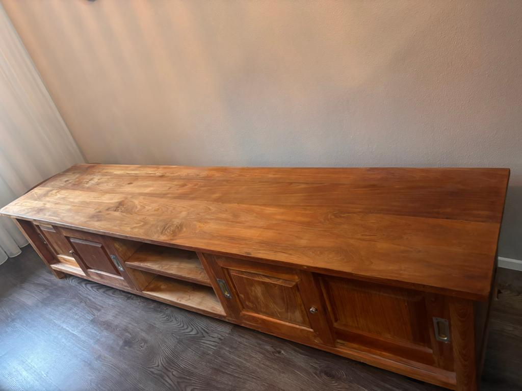 Houten tv kast, Huis en Inrichting, Kasten | Televisiemeubels, Ophalen, Gebruikt, Teakhout, 200 cm of meer