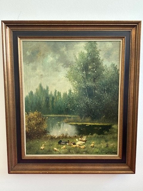 J. Damstra Polderlandschap met eenden bij het water., Antiek en Kunst, Doek, Impressionistisch, Ophalen of Verzenden, Landschap