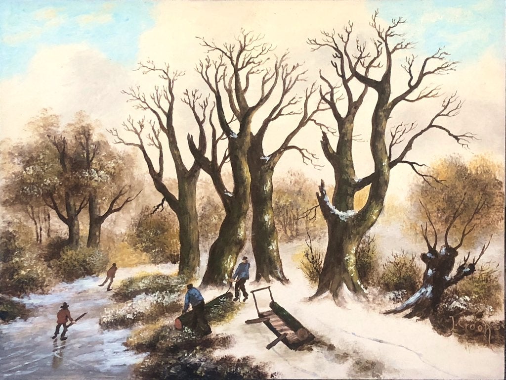J. Croon Schilderij 'Nederlands wintertafereel met houthakke, Ophalen of Verzenden