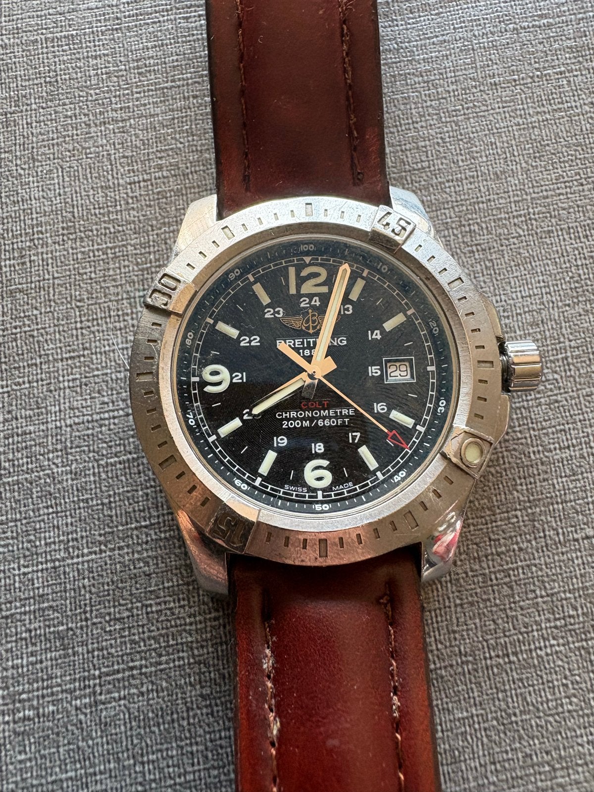 Breitling Colt Quartz A74388 met bruine leren band, Ophalen, Staal, Breitling, Polshorloge
