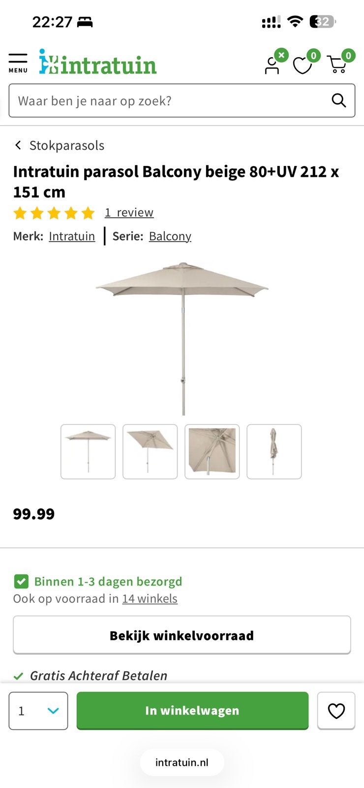 Ongebruikt Intratuin parasol Balcony beige 80+UV 212 x 151cm, Ophalen, Nieuw