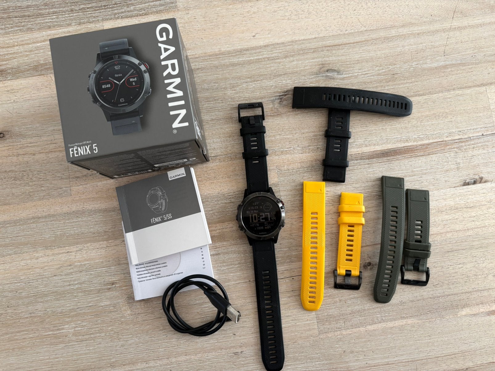 Garmin Fenix 5 47mm Slate Grey smartwatch horloge compleet, Gebruikt, Zwart, Ophalen of Verzenden, Waterdicht