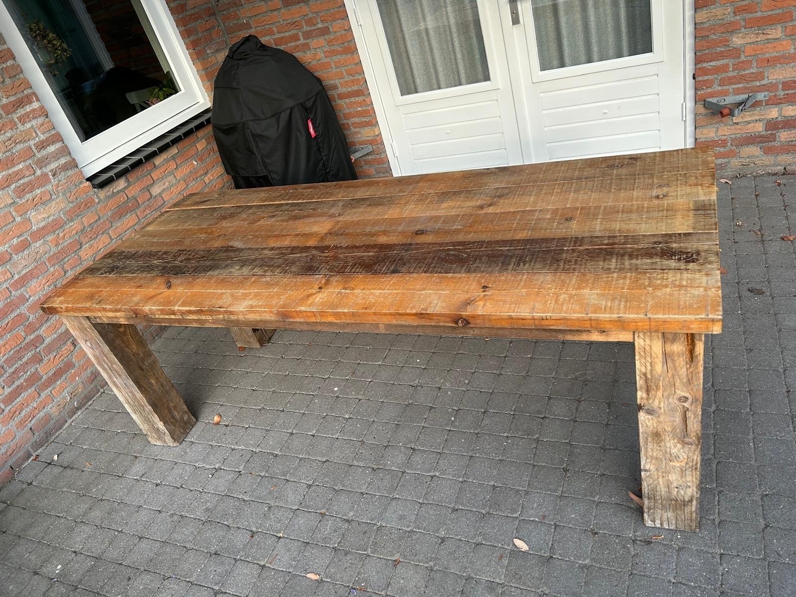 Robuuste eettafel van treinwagon balken, Huis en Inrichting, Tafels | Eettafels, Ophalen, Gebruikt, 200 cm of meer, 50 tot 100 cm