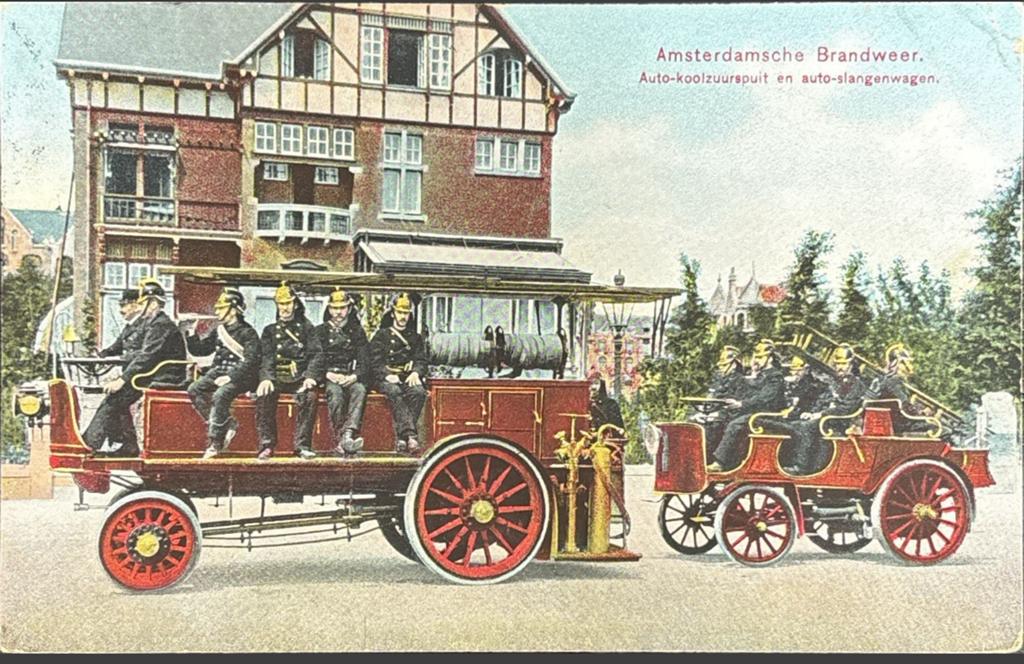 Amsterdamsche brandweer, autokoolzuurspuit slangenwagen, Ophalen of Verzenden, Voor 1920, Gelopen, Noord-Holland