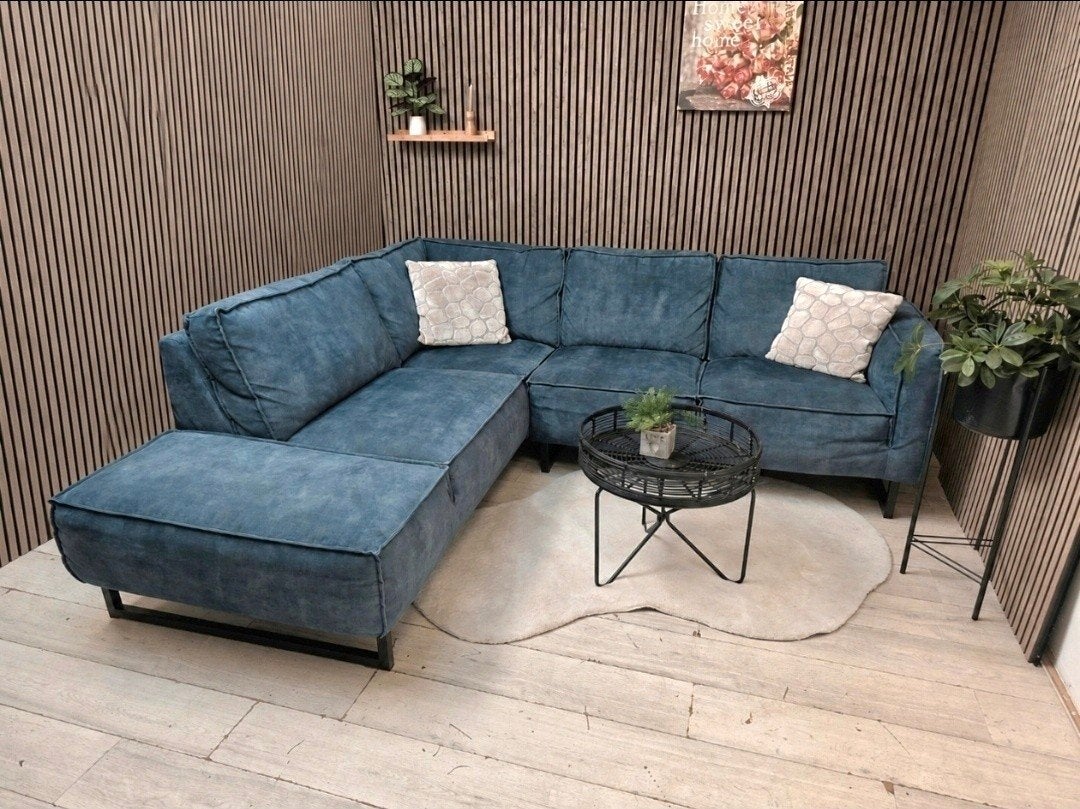 ‼️prachtige blauwe velvet hoekbank gereinigd‼️, Ophalen, Zo goed als nieuw, 150 cm of meer, Vierpersoons of meer