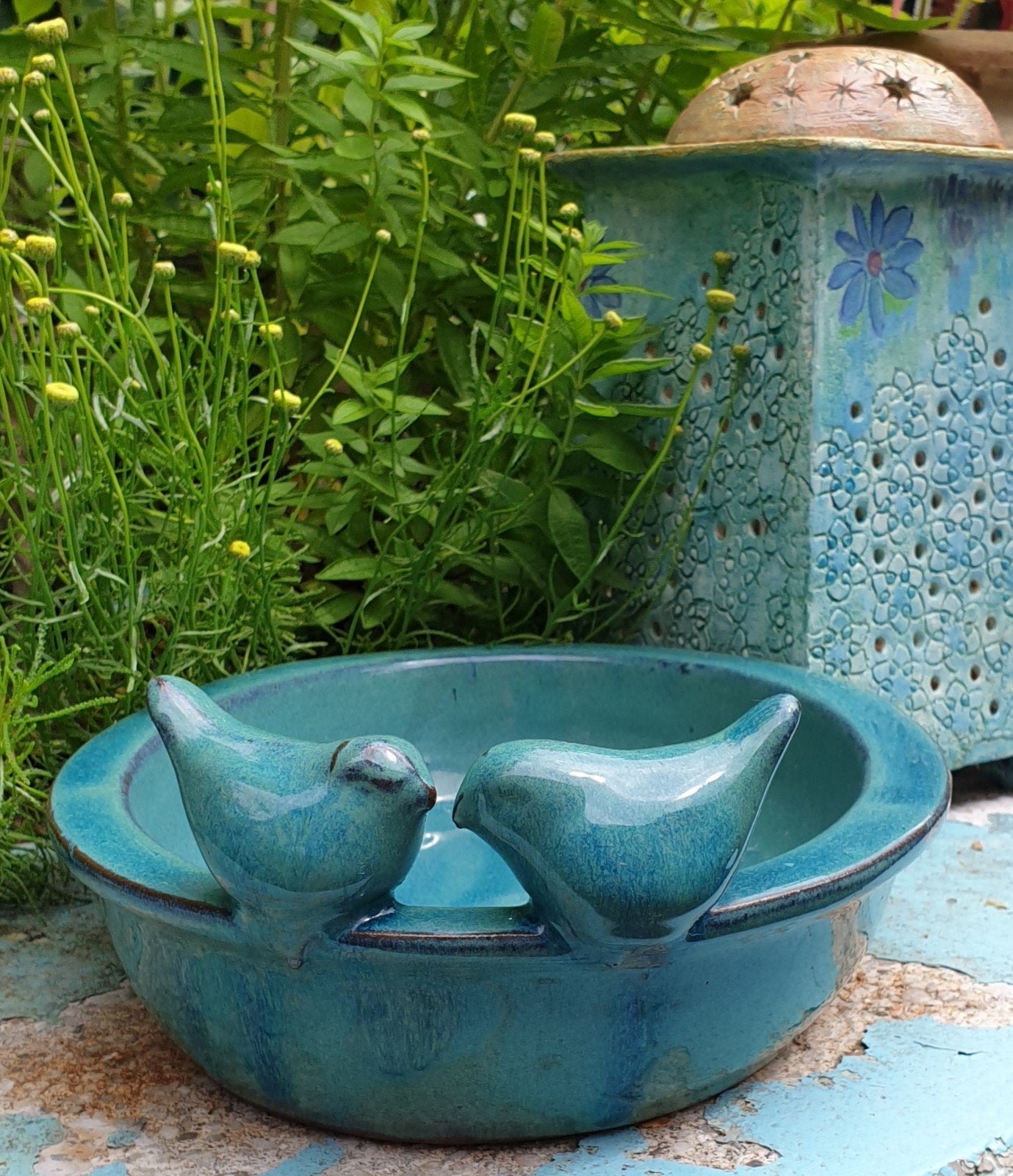 Geglazuurd aquablauwe terracotta vogeldrinkbak vogelbad, Ophalen of Verzenden, Zo goed als nieuw
