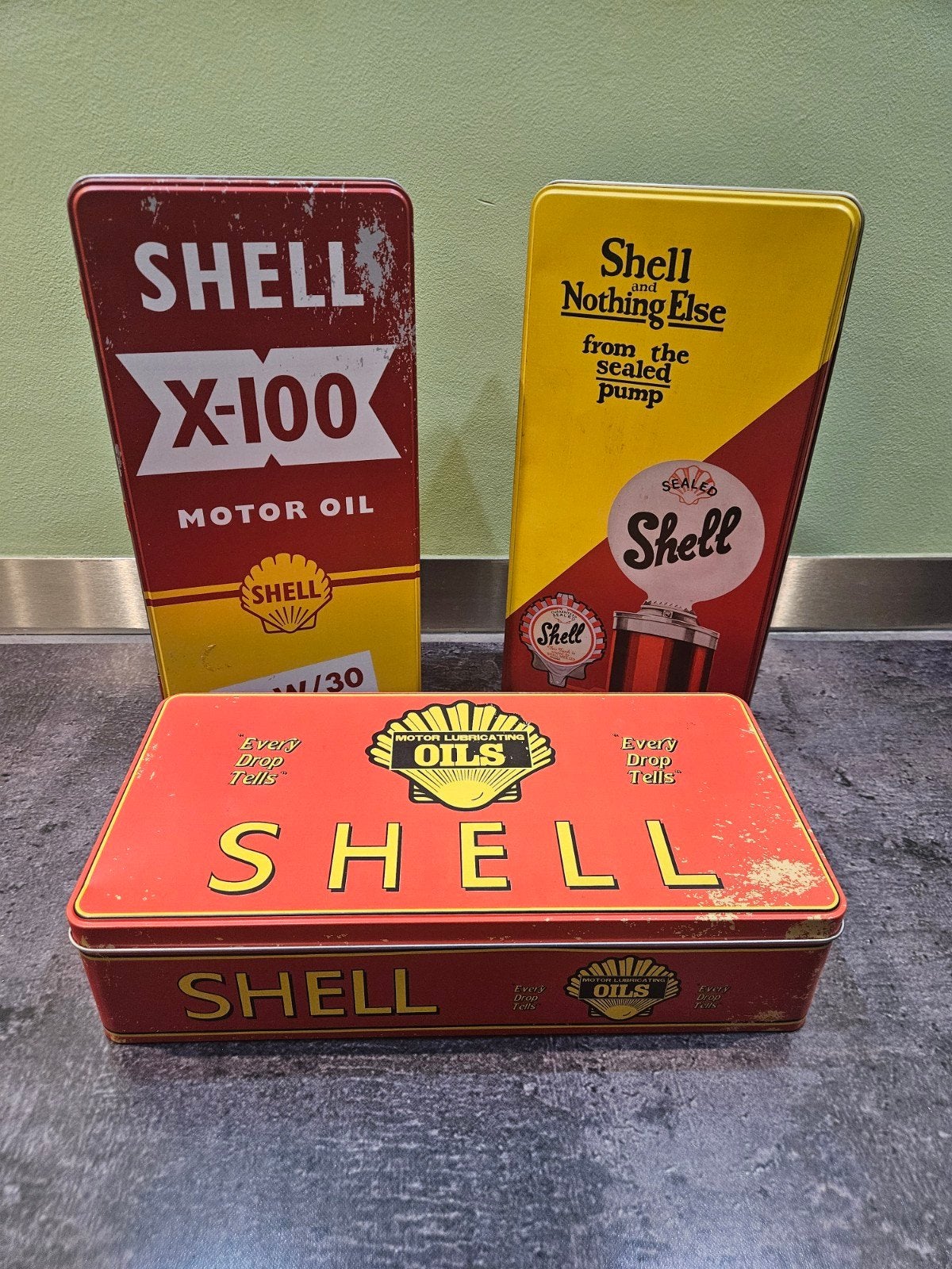 Set van 3 Shell olieblikken Vintage look Shell olieblik, Verzamelen, Ophalen of Verzenden, Gebruikt, Overige, Overige merken