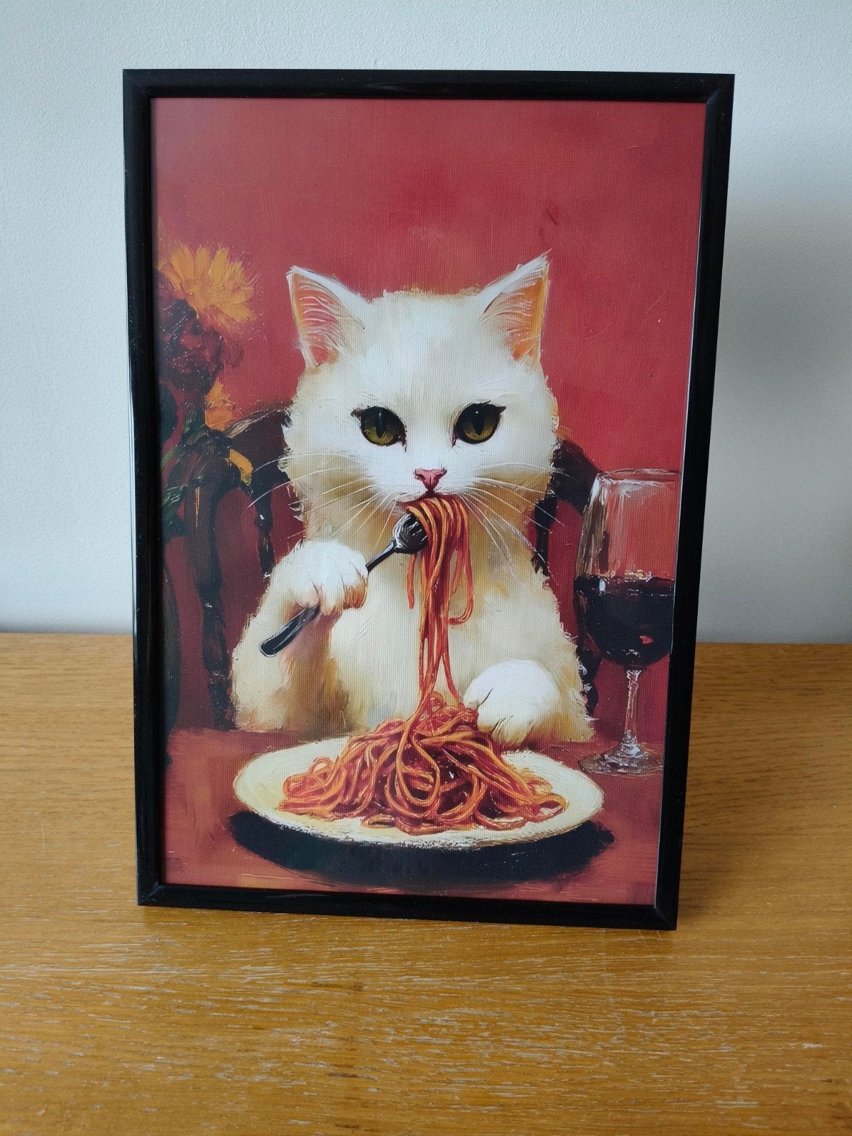 Ingelijste poster met spaghetti kat, Minder dan 50 cm, Nieuw, Ophalen of Verzenden, Foto of Poster