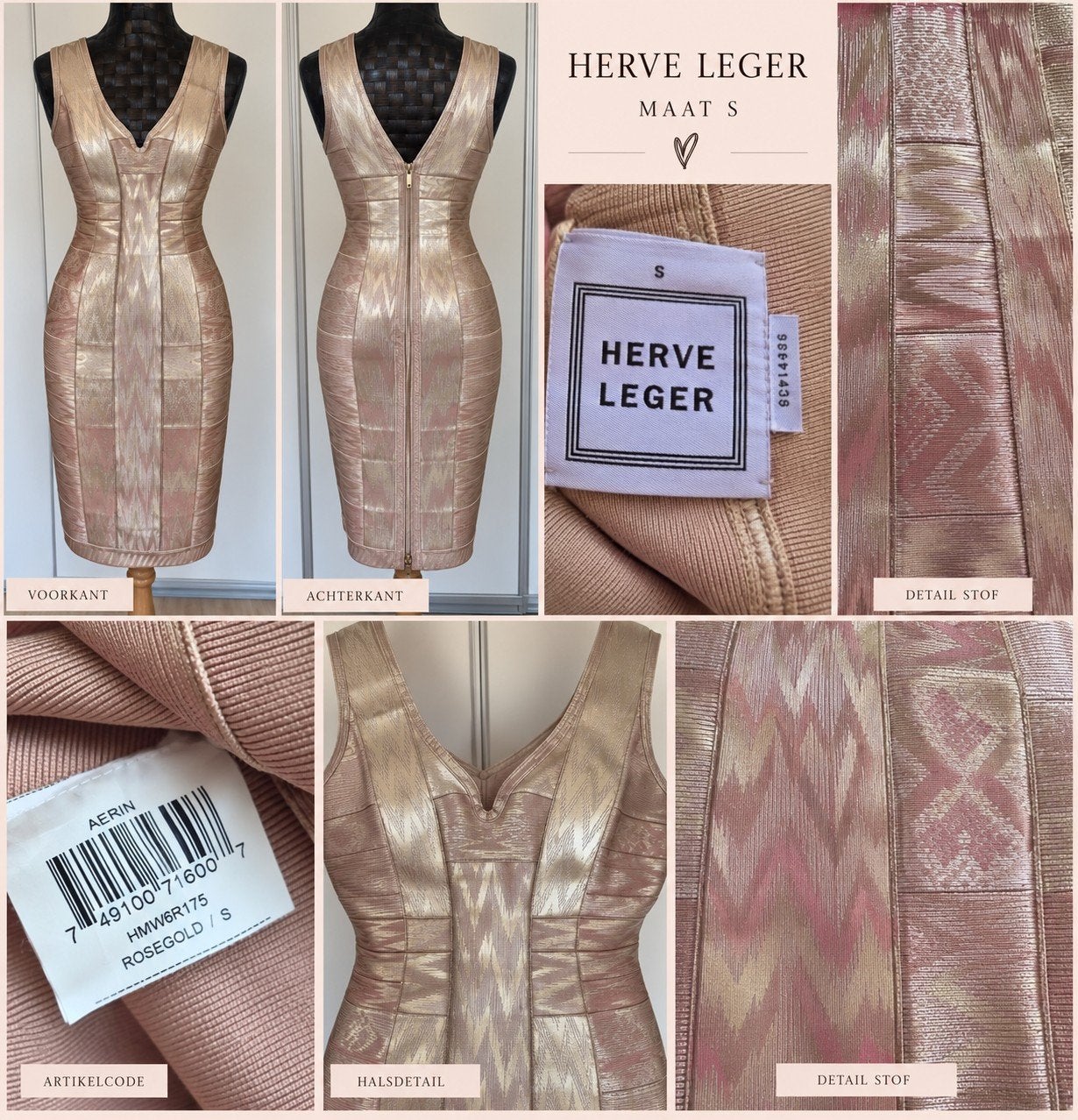 prachtige zgan herve leger jurkje roze rose gold aerin s, Ophalen of Verzenden