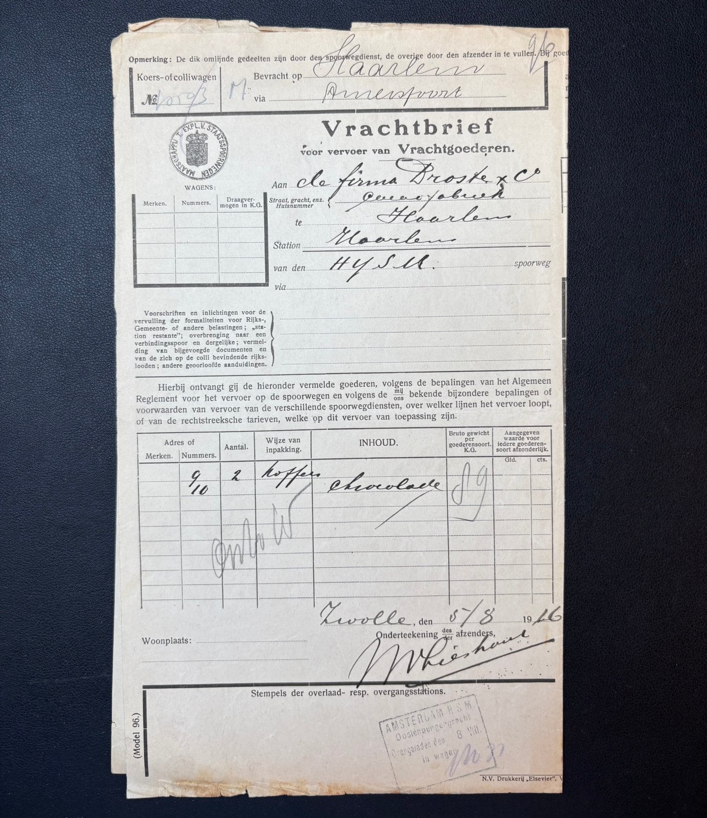 Vrachtbrief SS van Zwolle naar Haarlem (1916), Ophalen of Verzenden, Gebruikt, Trein