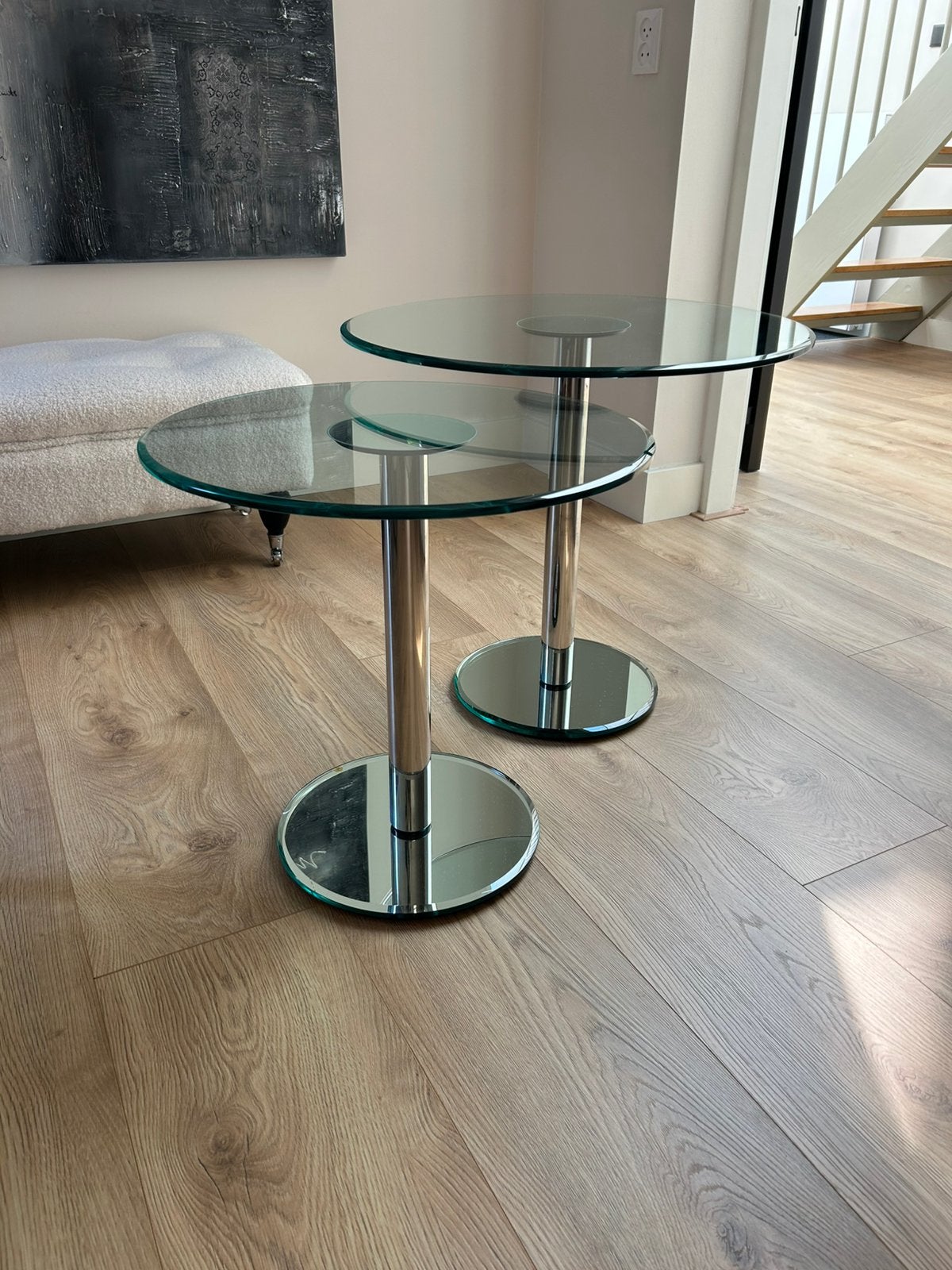 Set van 2 design glazen bijzettafels van het merk Metaform, Minder dan 55 cm, Gebruikt, Rond, Glas