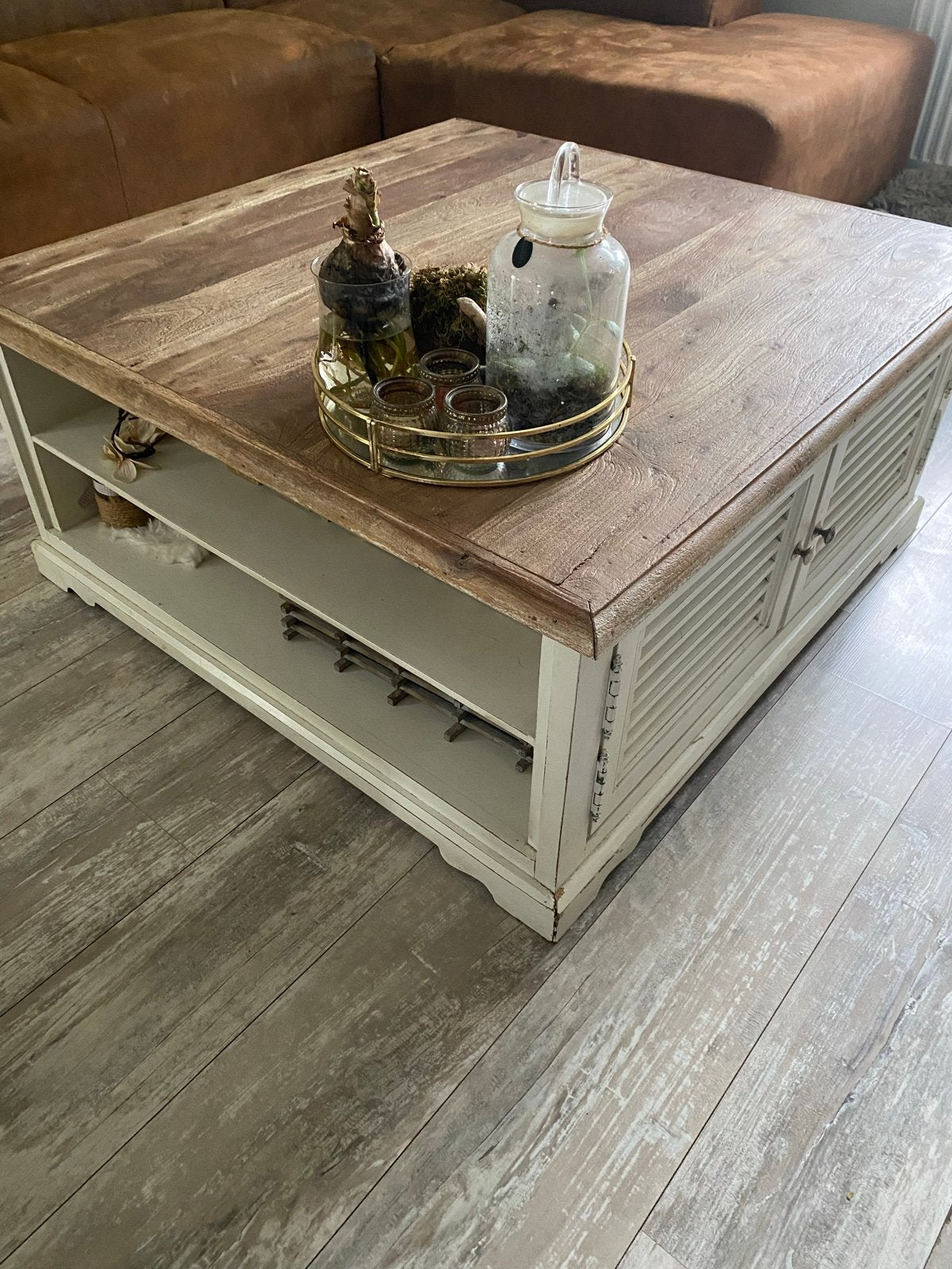 Salontafel met opbergruimte en houten blad, Ophalen, 50 – 75, Gebruikt, Vierkant