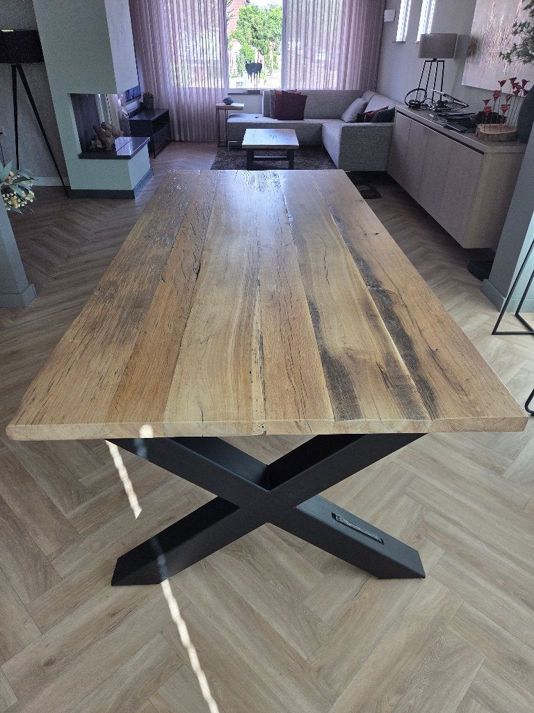 Robuust eiken eettafel en salontafel, Ophalen, 100 tot 150 cm, Eikenhout, 200 cm of meer