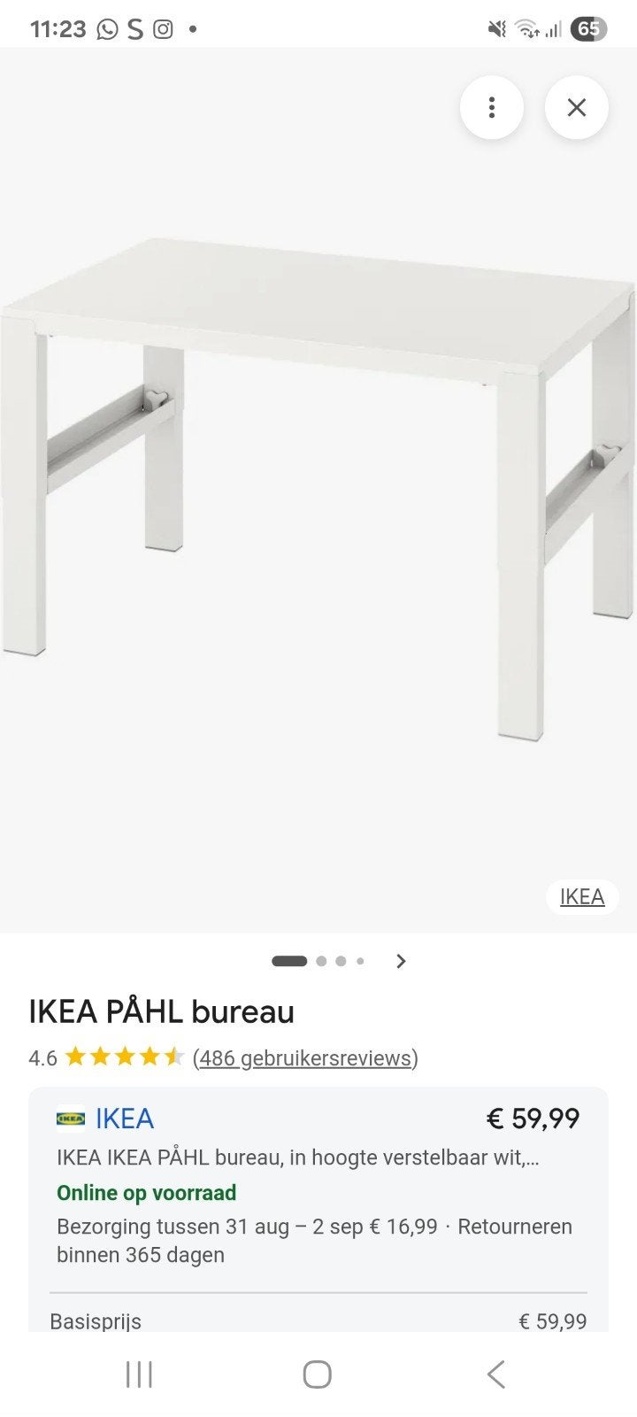 IKEA PÅHL bureau, wit, in hoogte verstelbaar, Huis en Inrichting, Bureaus, Ophalen, Gebruikt, IKEA, In hoogte verstelbaar