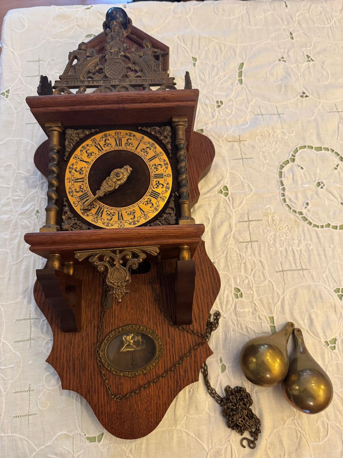 Vintage houten Zaanse wandklok met gewichten – Zelma, Antiek en Kunst, Ophalen