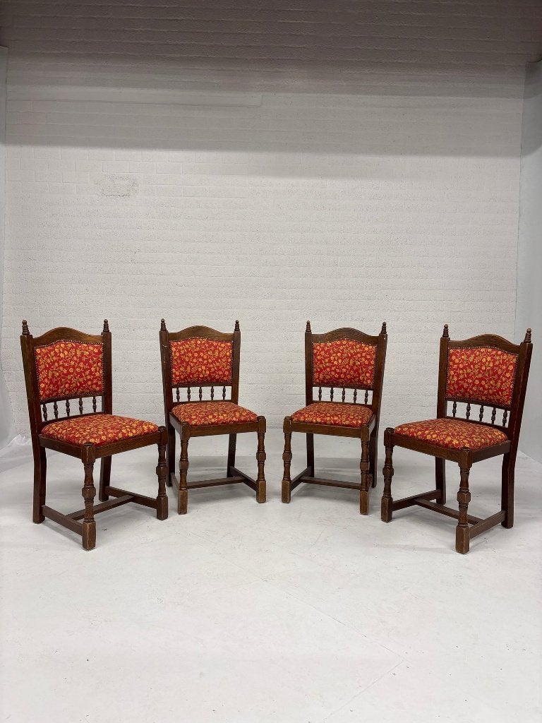 Set van 4 eiken eetkamerstoelen met bloemenstof, Ophalen, Gebruikt, Bruin, N.v.t.