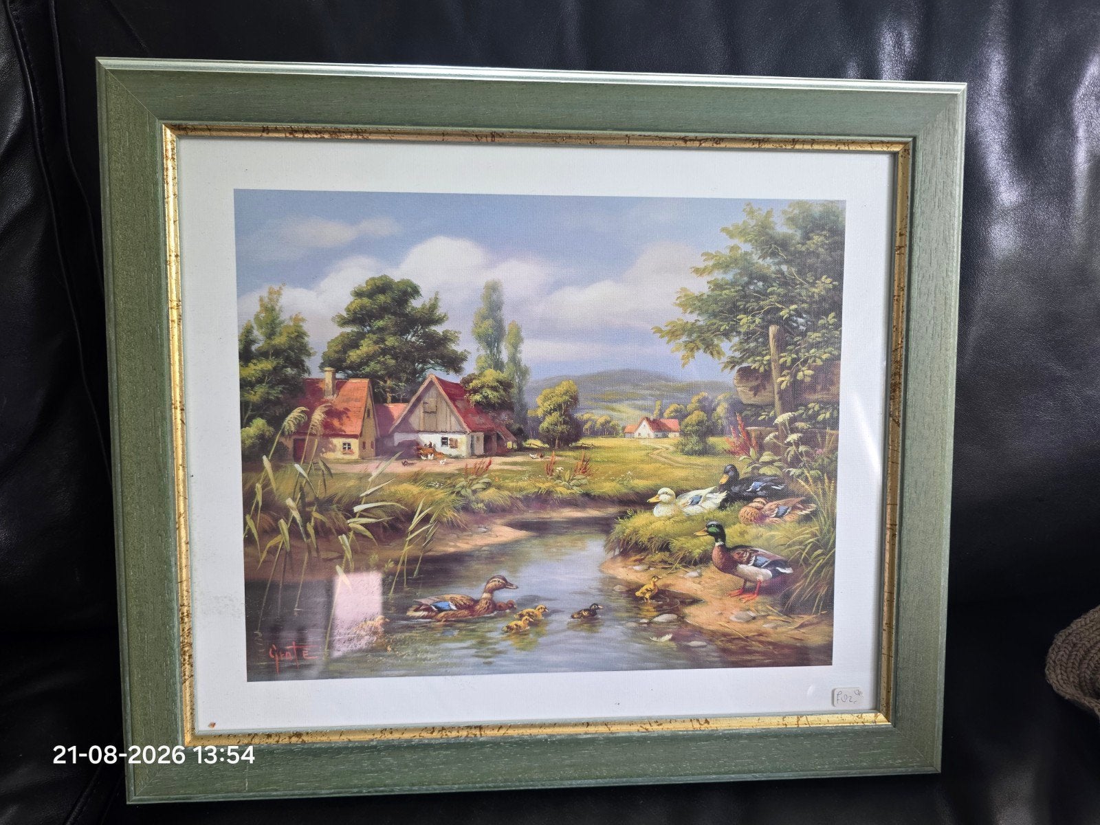 Ingelijste landschapsprent met eenden en boerderij, Ophalen of Verzenden, Vintage, Achter glas, Landschap