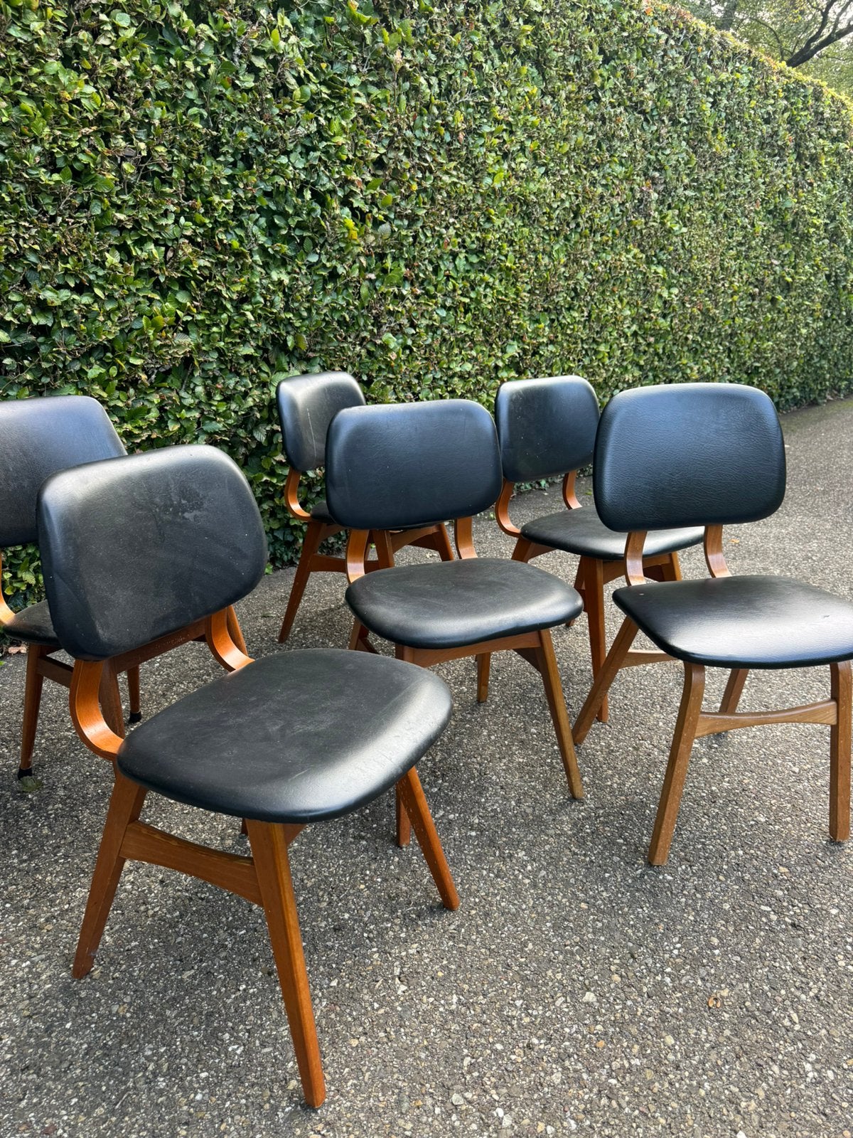 6 eetkamerstoelen vintage jaren 60 skai zwart SETPRIJS, Ophalen, Gebruikt, Zwart, Hout