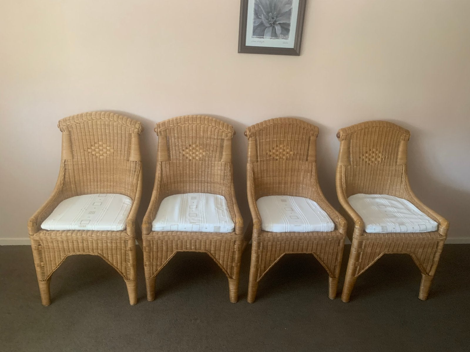 Set van 4 rotan stoelen met kussens, Huis en Inrichting, Stoelen, Gebruikt, Overige kleuren, Riet of Rotan, Ophalen of Verzenden