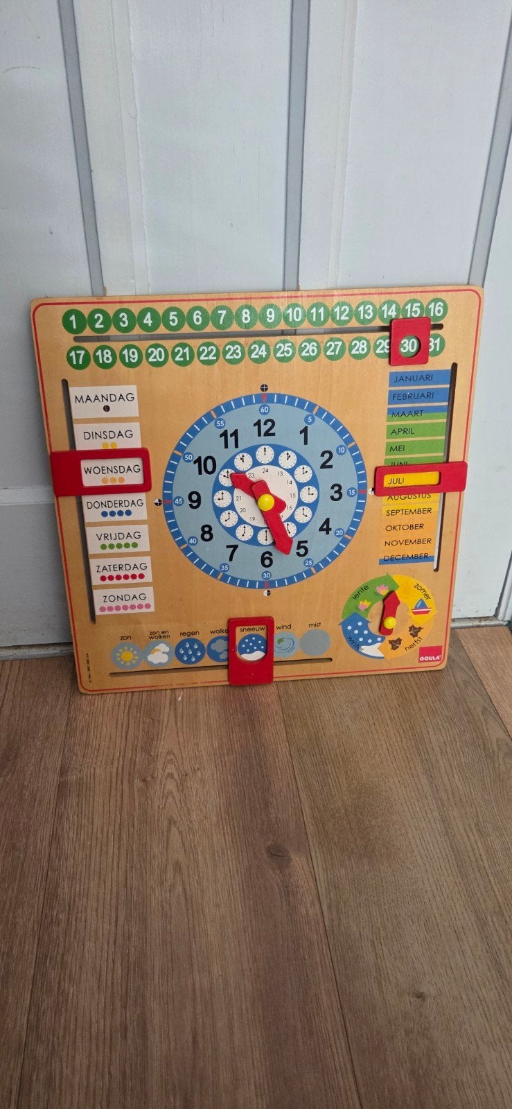 Goula Houten Kalender Klok met Datum, Dag, Maand en Weer, Kinderen en Baby's, Speelgoed | Educatief en Creatief, Ophalen of Verzenden