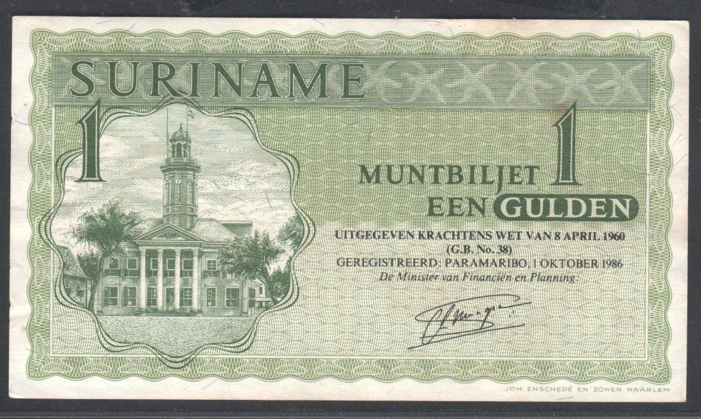 Suriname 1 Gulden Muntbiljet 01-10-1986, Postzegels en Munten, Bankbiljetten | Amerika, Verzenden, Zuid-Amerika, Los biljet