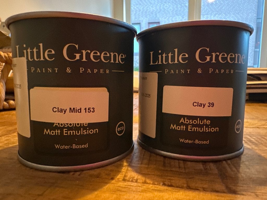Little Greene testers, kleine pot Clay en Clay Mid, Doe-het-zelf en Verbouw, Verf, Beits en Lak, Beige, Ophalen of Verzenden, Minder dan 5 liter