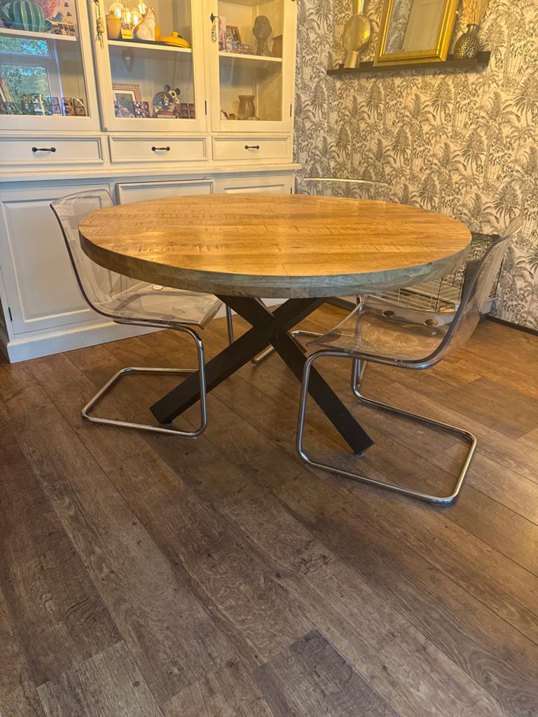 130cm Ronde mangohouten eettafel met industriële zwarte poot, Huis en Inrichting, Tafels | Eettafels, Ophalen, 100 tot 150 cm