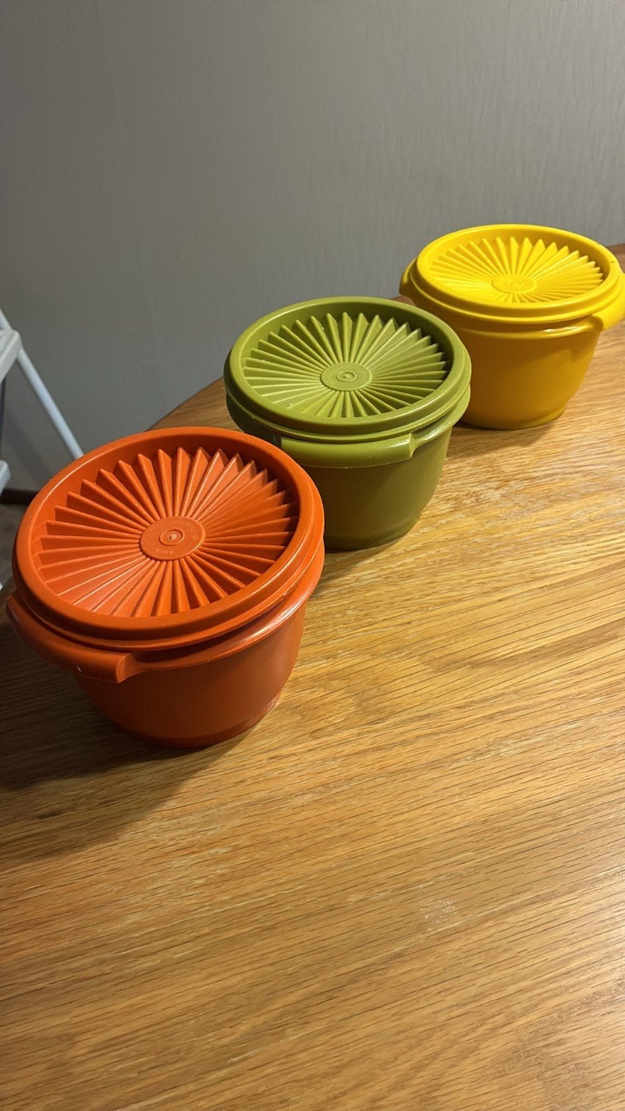 Set van 3 Vintage Tupperware Bakjes - Oranje, Groen, Geel, Ophalen, Gebruikt, Overige kleuren, Met deksel