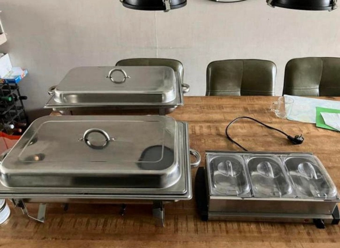 VERHUUR 3x shafing dish (warmhoudbakken) + 1 elektrische, Ophalen of Verzenden, Zo goed als nieuw, Overige