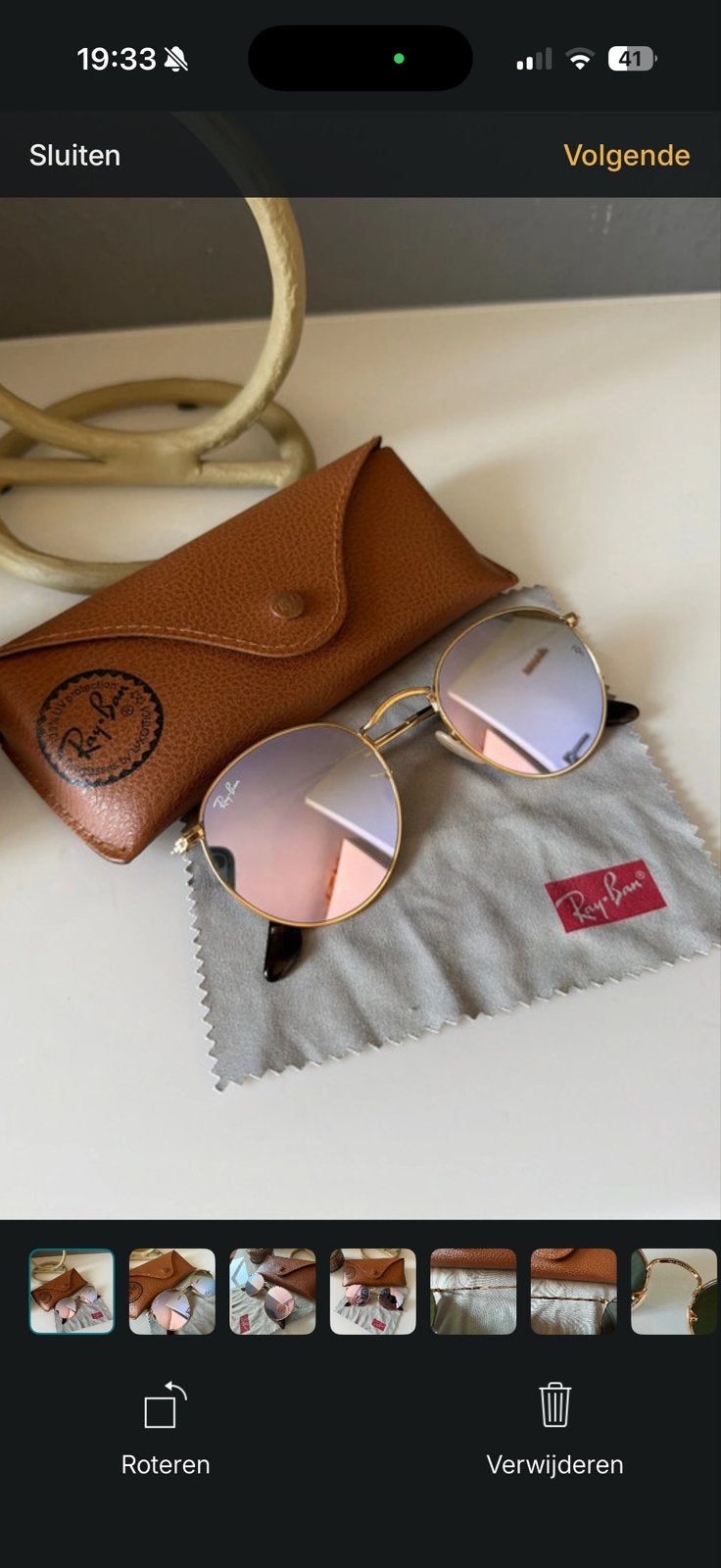 Ray-Ban Round Metal Zonnebril - Goud met Roze Glazen, Zonnebril, Overige kleuren, Ophalen of Verzenden, Zo goed als nieuw