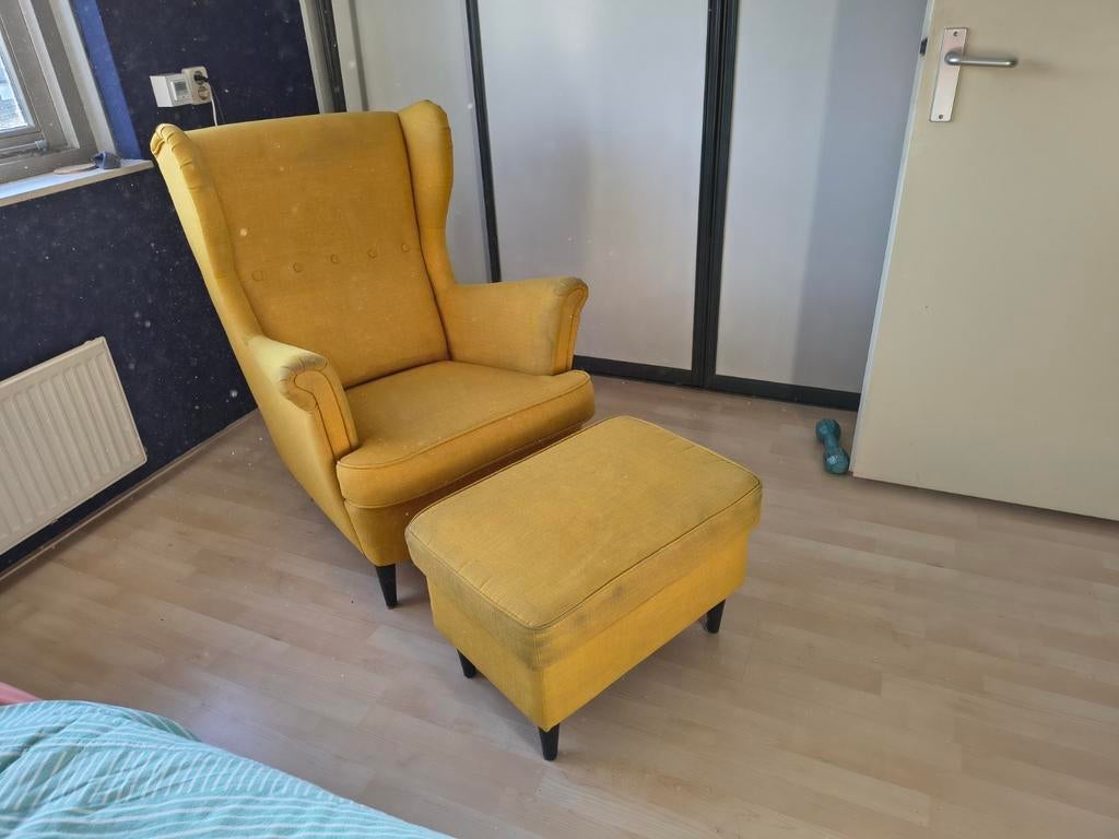 IKEA STRANDMON Oorfauteuil Geel met Voetenbank, Ophalen, Gebruikt, 75 tot 100 cm, Retro, Design