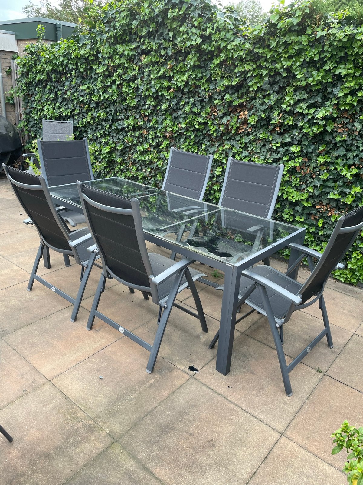 Tuinset met 6 stoelen en glazen tafel, Tuin en Terras, Tuinsets en Loungesets, Gebruikt, Eettafel, 6 zitplaatsen, Aluminium