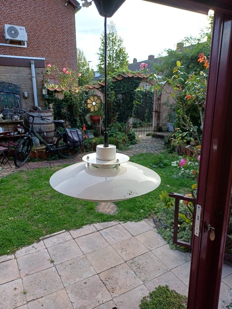 Vintage Deense hang schalenlamp wit, Gebruikt, Ufo stijl, Metaal, E27 (groot)