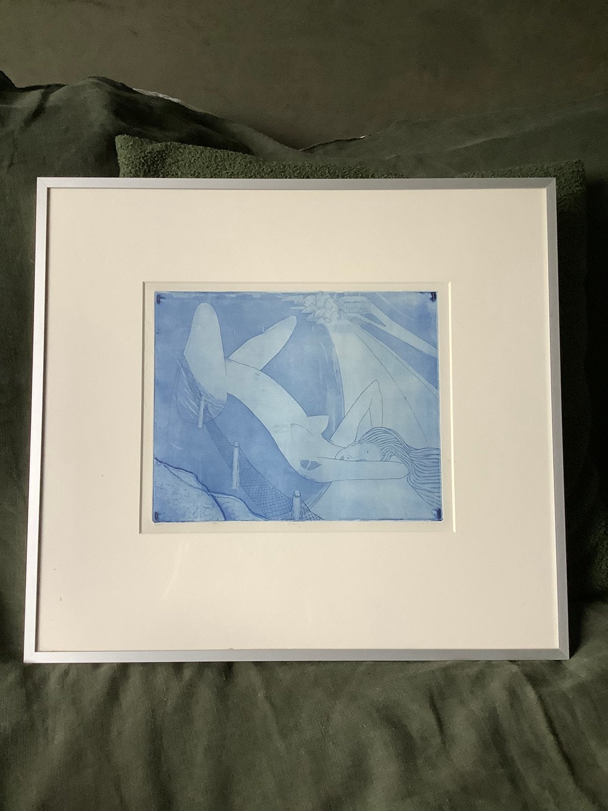Mark Visione - Blauwe afdruk van liggende figuur, 1950 - 1999, Overige technieken, Ophalen of Verzenden, Ingelijst