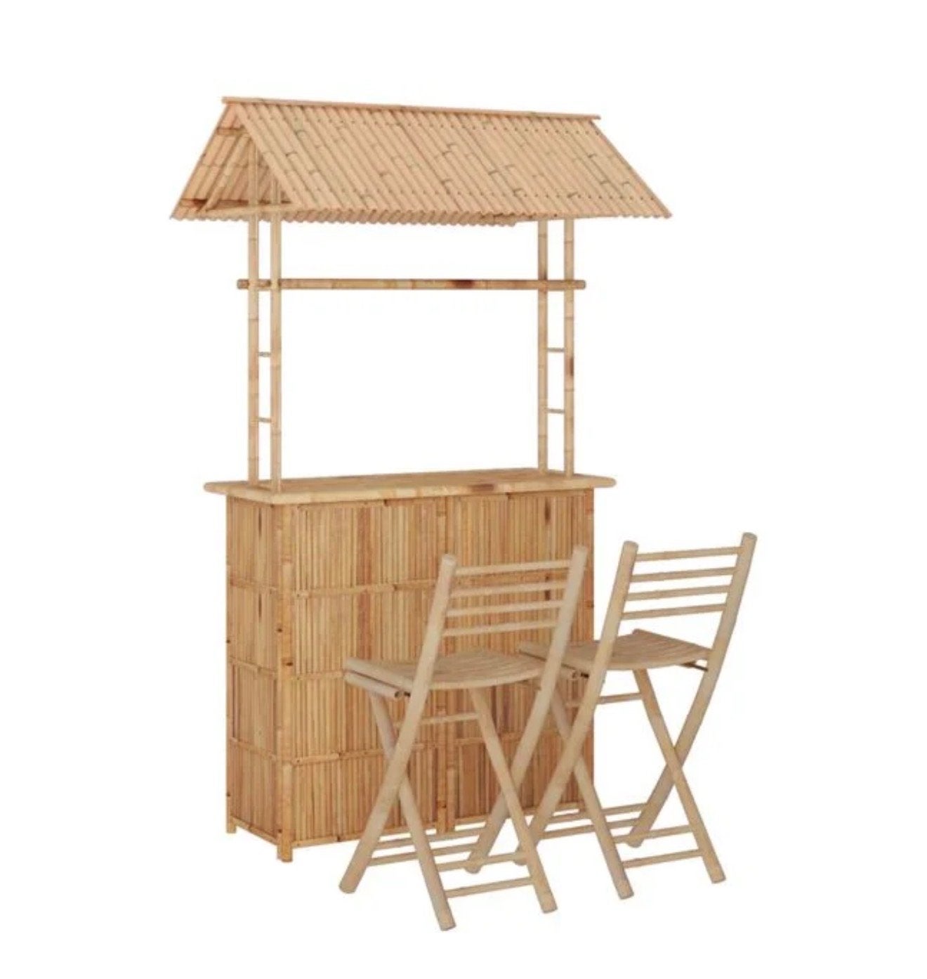 Bamboe bar met dakje en 2 barkrukken, Huis en Inrichting, Barren, Ophalen, Gebruikt, Inclusief barstoelen