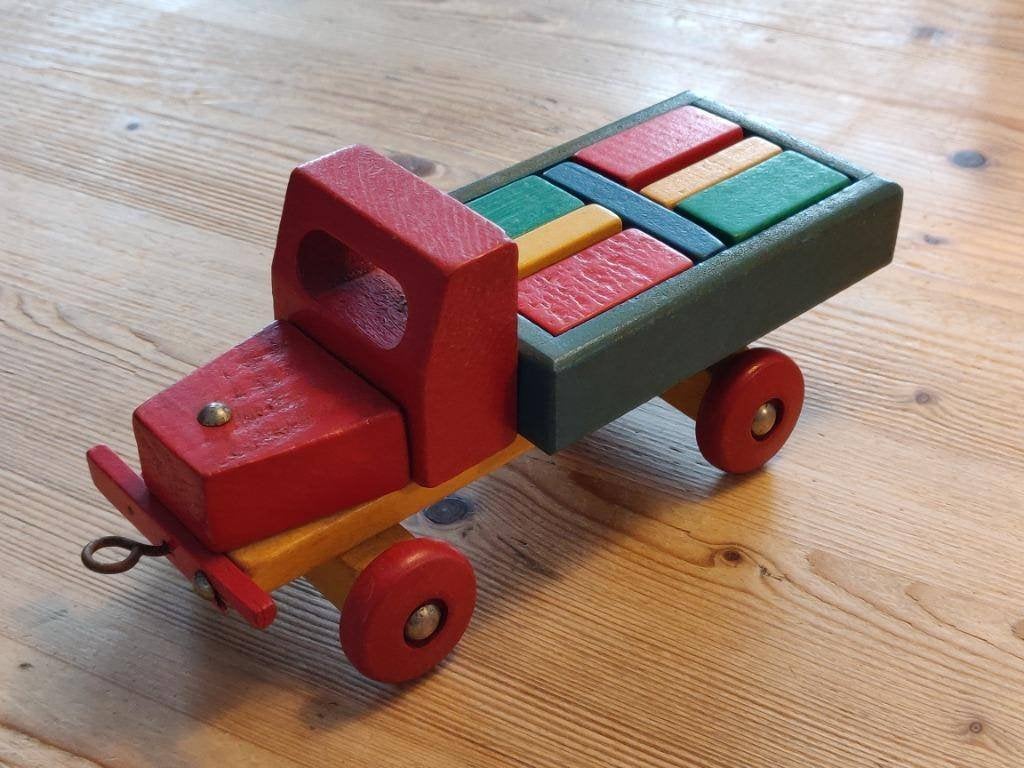 Vintage 70's houten speelgoed vrachtwagen, Antiek en Kunst, Ophalen of Verzenden