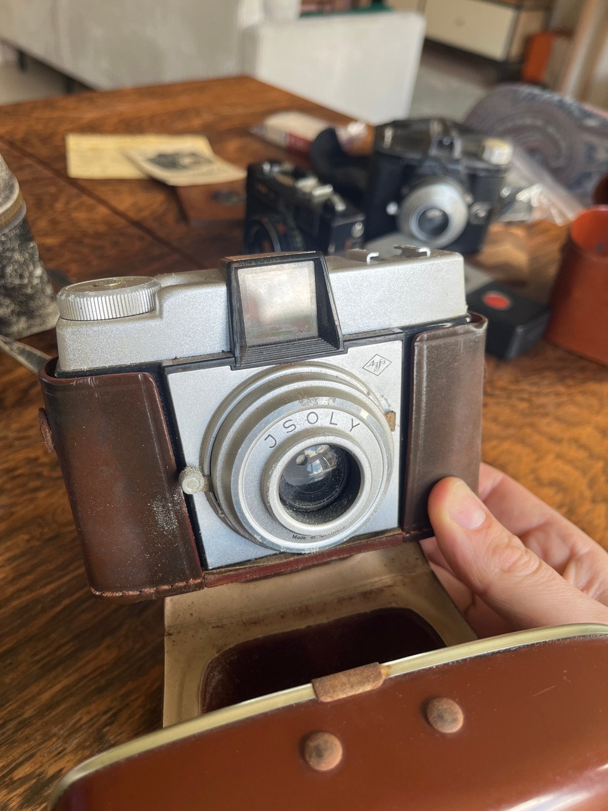 Vintage Agfa Isoly camera met leren hoes, Ophalen of Verzenden, Gebruikt, Compact, Overige Merken