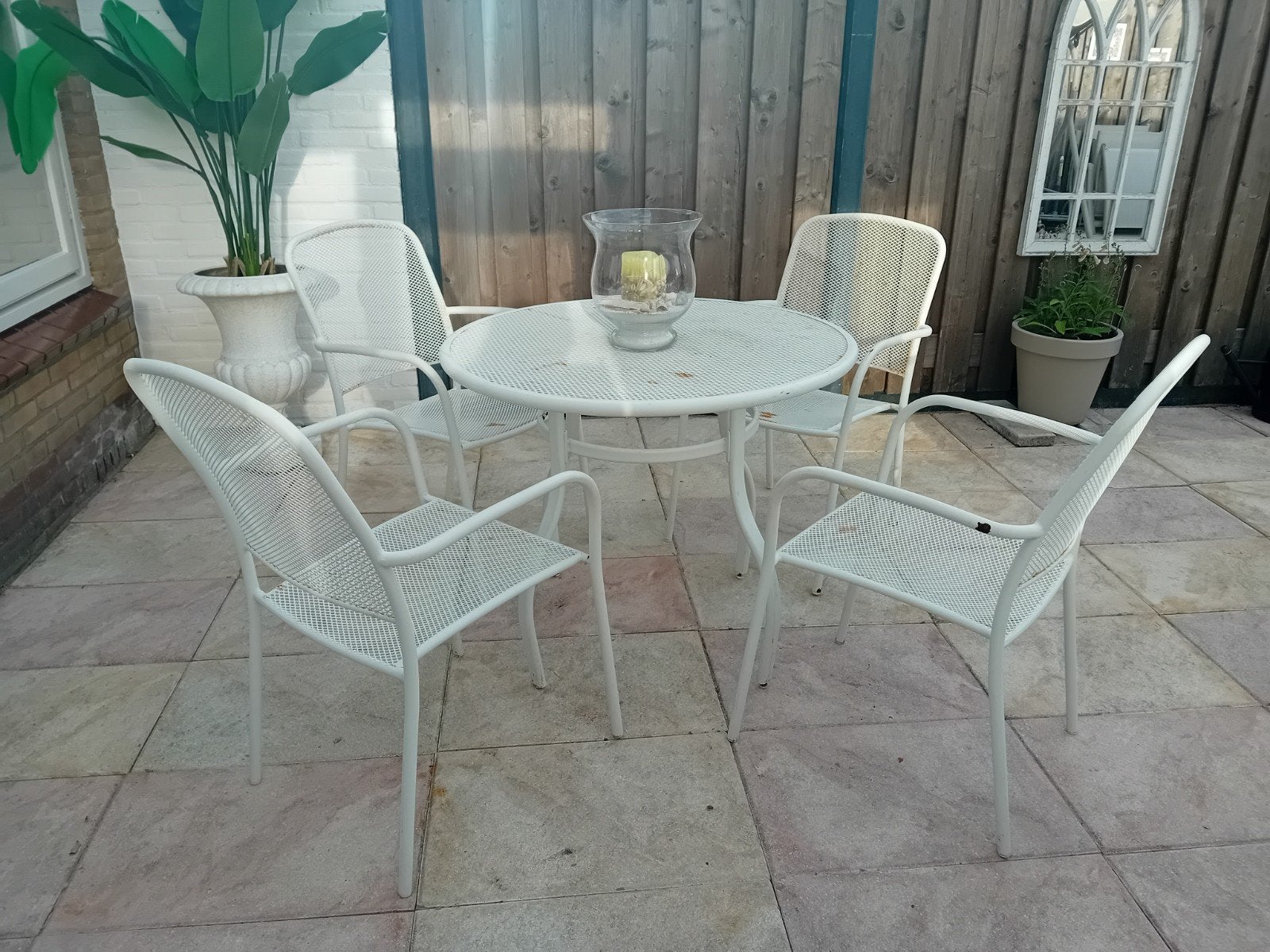 Mooie brocante tuinset met 4 stoelen, Ophalen, Gebruikt, Tuinset, Eettafel